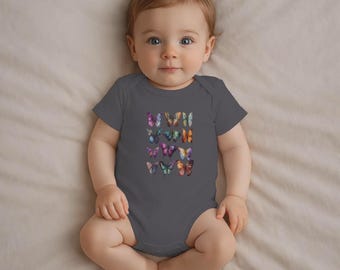 Baby Bodysuit with Vibrant Butterfly Pattern, Iridescent Jewel Tones, Soft Infant Jersey, Girl Baby Clothes, Newborn Outfit, Baby Girl Gift