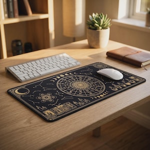 Astrology Zodiac Celestial Desk Mat Mystical Gold Black Sacred Geometry Dark Academia Gothic Spiritual Office Decor Accessory Gift
