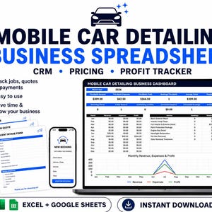Mobile Car Detailing Spreadsheet | CRM, Pricing Calculator, Job Tracker & Profit Tracker