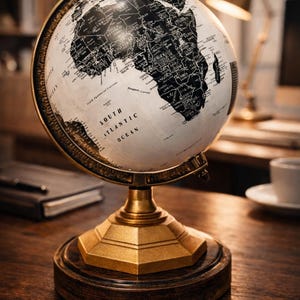 Könnte beinhalten: Ein Globus im Vintage-Stil mit cremefarbener Oberfläche und schwarzen geografischen Details. Er ist auf einem goldfarbenen Metallständer mit dunklem Holzsockel montiert. Der Südatlantik ist beschriftet. Der Globus steht auf einem Holzschreibtisch.