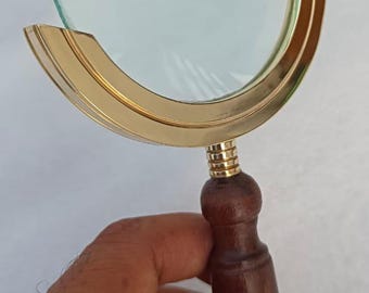 10-Inch Brass Magnifying Glass with Wooden Handle – Antique Vintage Style Handheld Magnifier for Collectors & Home Décor