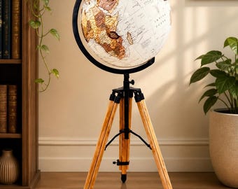 Lámpara de pie vintage grande con globo terráqueo, trípode de madera de 18 pulgadas, globo terráqueo de 18 pulgadas, color blanco roto y marrón, decoración de lujo para el hogar, la oficina, el estudio o la biblioteca.