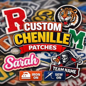 Parches personalizados de chenilla con letras universitarias / Logotipo con nombre personalizado (para planchar o coser)