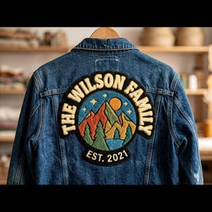 Peut inclure: Veste en jean bleue avec un écusson circulaire brodé. L'écusson représente un paysage de montagne avec un soleil, des arbres et des étoiles, et le texte "THE WILSON FAMILY EST. 2021". La veste est suspendue à un cintre en bois.