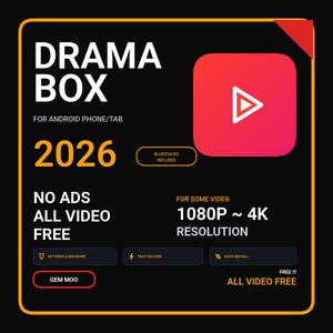 Może przedstawiać: Czarna grafika cyfrowa dla Drama Box 2026 na telefon i tablet z systemem Android. Zawiera czerwoną ikonę odtwarzania, tekst informujący o braku reklam, darmowych filmach, rozdzielczości 1080P do 4K, dołączonym Bluestacks, braku wirusów i łatwej instalacji.