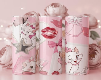 Envoltorio para vaso de Marie Cat, diseño de dibujos animados rosa (descarga digital PNG para vasos de 20 oz)