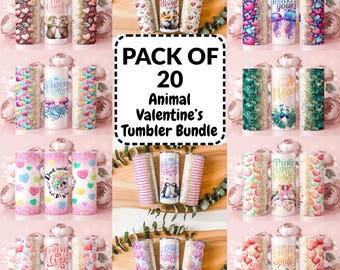 Zestaw 20 walentynkowych kubków z motywem zwierząt PNG | Walentynkowe opakowania sublimacyjne | Wzory na kubkach o pojemności 20 uncji
