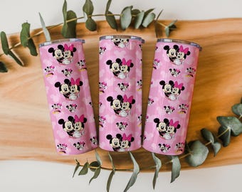 Różowa folia na kubek z motywem pary myszy z kreskówek | Sublimacja w kształcie serca PNG