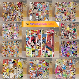 May include: A collection of ten cartoon-themed tumblers, each featuring a different design. The tumblers showcase characters from popular 90s cartoons, with vibrant colors and detailed illustrations. The text "10+ 90S CARTOON PACK" is displayed on a yellow banner.