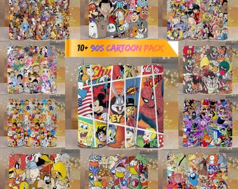 OPAKOWANIE 10+ opakowań na kubki z motywem kreskówek z lat 90. w formacie PNG | 20-uncjowe bezszwowe opakowania do sublimacji | Zestaw kubków z kolażem w stylu retro kreskówkowym