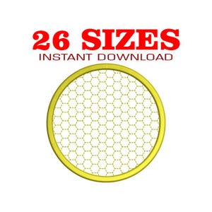 Pode incluir: Gráfico com o texto "26 TAMANHOS DOWNLOAD INSTANTÂNEO" em vermelho. Um círculo amarelo com um padrão de favo de mel está no centro da imagem. O fundo é branco.