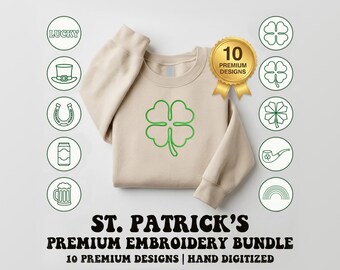 St Patricks Day Embroidery Design Bundle, 10 Minimalist Art Designs, Hand Digitized Shamrock Lucky Clover, Machine Embroidery Files