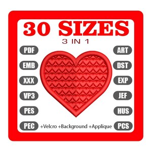 Puede incluir: Un diseño de bordado en forma de corazón rojo con un patrón texturizado, rodeado por un borde rojo. La imagen incluye el texto "30 TAMAÑOS 3 EN 1" y varias abreviaturas de formatos de archivo.
