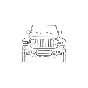 May include: Line drawing of a Jeep SUV from a front view. The black and white illustration shows the vehicle's front grille, headlights, bumper, and tires. The design is simple and clean, suitable for various applications.