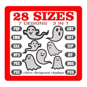 May include: A red-bordered graphic featuring seven embroidered ghost designs. The text reads "28 SIZES, 7 DESIGNS, 3 IN 1" with file format options like PDF, EMB, and ART. Includes +Velcro +Background +Applique.