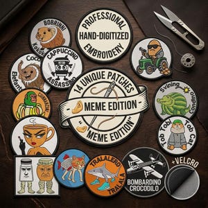 Disegno per ricamo a macchina con meme Brainrot italiano / Modello per toppa Bombardino Crocodilo / Regalo fai da te con velcro da cucire