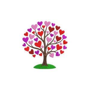 May include: An embroidered tree design with a brown trunk and branches, and a green base. The tree's leaves are composed of various shades of red, pink, and purple hearts, creating a vibrant and romantic image. The design is set against a white background.