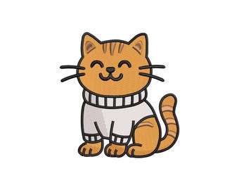 Smiling Cat Embroidery Design Cartoon Kitty in Striped Sweater Machine Stitch File