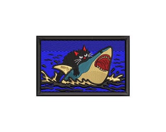 Black Cat Riding Shark Embroidery Design Funny Animal Machine Stitch File