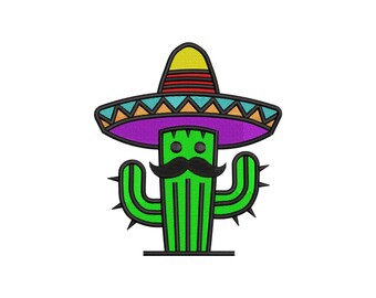 Fiesta Cactus Embroidery Design With Sombrero And Mustache For Cinco De Mayo Shirts