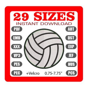 Pode incluir: Um design de bordado digital com uma bola de voleibol com costuras pretas e painéis brancos. O design está disponível em 29 tamanhos, variando de 1,9 cm a 19,7 cm. A imagem inclui o texto "29 TAMANHOS" e "DOWNLOAD INSTANTÂNEO".