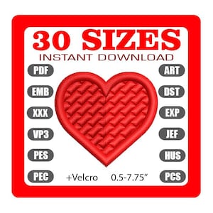 May include: A red heart embroidery design with a textured pattern, surrounded by a red border. The image includes the text "30 SIZES INSTANT DOWNLOAD" and size range of 0.5-7.75 inches. Also includes file type options.