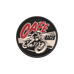 May include: Round black patch with the words "CAFE RACER" in red and white. The patch features a motorcycle racer on a vintage motorcycle. The design is embroidered with a black border.