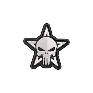May include: An embroidered patch featuring a white skull design centered over a white five-pointed star. The entire graphic is outlined with a thick black border, creating a high-contrast emblem with detailed stitching throughout the white and black areas.