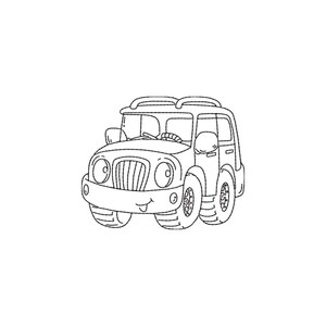May include: A black and white line art illustration of a cartoon SUV with large tyres, a roof rack, and a front bumper. The vehicle features a smiling face with round headlights as eyes and a small tongue sticking out from the front grille area.