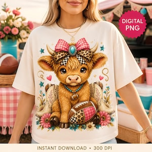 May include: A cream-coloured t-shirt featuring a graphic of a fluffy highland cow wearing a pink plaid bow, a turquoise pendant, and a football. The design includes cowboy boots, pink flowers, stars, and hearts. The text DIGITAL PNG is visible.