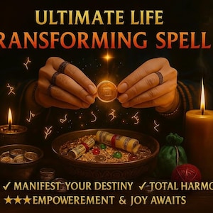 May include: An image with the text "ULTIMATE LIFE TRANSFORMING SPELL". The image shows a coin held between two hands, with candles, bowls of coins, and a bowl of ingredients. The text "MANIFEST YOUR DESTINY", "TOTAL HARMONY", and "EMPOWERMENT & JOY AWAITS" are also visible.