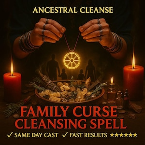 May include: An image with the text "ANCESTRAL CLEANSE" and "FAMILY CURSE CLEANSING SPELL". The image features a glowing pendant, candles, and a bowl of herbs and crystals. The words "SAME DAY CAST" and "FAST RESULTS" are also present.