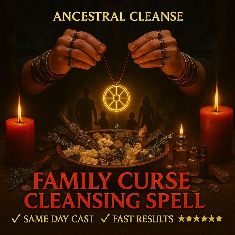 Puede incluir: Imagen con el texto "ANCESTRAL CLEANSE" y "FAMILY CURSE CLEANSING SPELL". La imagen presenta un colgante brillante, velas y un cuenco con hierbas y cristales. Tambi&eacute;n est&aacute;n presentes las palabras "SAME DAY CAST" y "FAST RESULTS".