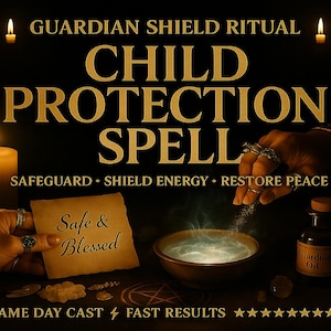 Op de afbeelding: Een donkere afbeelding met de tekst "GUARDIAN SHIELD RITUAL CHILD PROTECTION SPELL". Een hand houdt een perkament met "Safe & Blessed". Een kom met rook, een fles "Guardian Oil" en brandende kaarsen zijn ook zichtbaar.