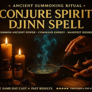 Könnte beinhalten: Ein Bild mit dem Text "ANCIENT SUMMONING RITUAL CONJURE SPIRIT DJINN SPELL". Das Bild zeigt Kerzen, eine Schüssel mit blauem Rauch, Flaschen und eine magische Lampe. Der Text lautet "SUMMON ANCIENT POWER COMMAND ENERGY MANIFEST DESIRES".