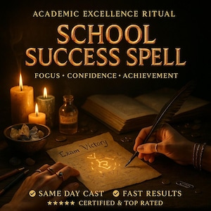 Könnte beinhalten: Ein Bild mit dem Text "SCHOOL SUCCESS SPELL" und "Exam Victory" auf Pergament. Die Szene zeigt brennende Kerzen, eine kleine Flasche, ein offenes Buch und eine Hand, die mit einer Feder schreibt. Der Text enthält auch "FOCUS, CONFIDENCE, ACHIEVEMENT".