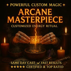 May include: An image with text that reads "POWERFUL CUSTOM MAGIC ARCANE MASTERPIECE CUSTOMIZED ENERGY RITUAL". The image shows hands holding a glowing object above a bowl with coins, with candles and crystals in the background.