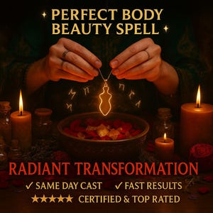 Op de afbeelding: Afbeelding met de tekst "PERFECT BODY BEAUTY SPELL" en "RADIANT TRANSFORMATION". Een gloeiende hanger in de vorm van een figuur wordt boven een kom met bloemblaadjes gehouden. Aangestoken kaarsen en kleine flesjes omringen de kom.