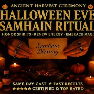 May include: A dark image with text that reads "ANCIENT HARVEST CEREMONY, HALLOWEEN EVE, SAMHAIN RITUAL". A hand holds a card that says "Samhain Blessing". Lit candles, pumpkins, and a bowl are also visible. The text "SAME DAY CAST, FAST RESULTS, CERTIFIED & TOP RATED" is also present.