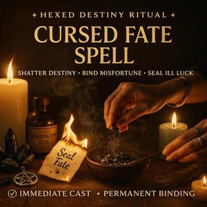 May include: A ritual set featuring a burning piece of paper with the text Seal Fate, a dark bowl, a bottle labeled Maledictum Oil, a silver pentacle pendant, and candles. Text reads Hexed Destiny Ritual, Cursed Fate Spell, Shatter Destiny, Bind Misfortune, Seal Ill Luck, Immediate Cast, Permanent Binding.