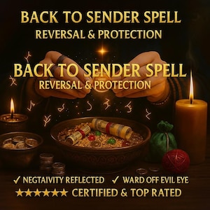 以下が含まれることがあります： 「BACK TO SENDER SPELL REVERSAL & PROTECTION」のテキストが入った画像。キャンドル、食べ物が入ったボウル、コイン、小さな緑色のバッグがある儀式の様子が写っています。「NEGTAIVITY REFLECTED」と「WARD OFF EVIL EYE」の文字も表示されています。