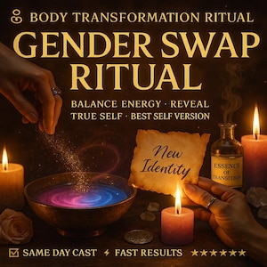 May include: An advertisement for a gender swap ritual. The image features a bowl with swirling blue and pink liquid, candles, a scroll that says "New Identity", and the text "Gender Swap Ritual".