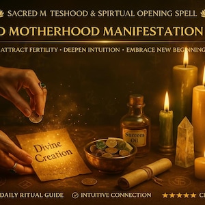 May include: An image promoting a spiritual service. The text reads "Sacred Motherhood Manifestation Spell." The scene includes lit candles, crystals, a bowl of herbs, a scroll, and a bottle labeled "Succees Oil." The words "Divine Creation" are on a parchment.