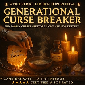 Peut inclure: Image avec le texte "GENERATIONAL CURSE BREAKER" et "END FAMILY CURSES". Une main saupoudre de la poudre sur un parchemin en feu avec l'inscription "Curse Broken". Il y a des bougies, une bouteille et un bol.
