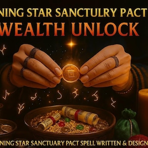 May include: An image with the text "MORNING STAR SANCTUARY PACT SPELL WEALTH UNLOCK". The image shows hands holding a glowing coin, surrounded by candles, coins, and scrolls. The overall theme is related to wealth and spirituality.