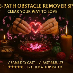 Op de afbeelding: Mystieke afbeelding met de tekst "LOVE-PATH OBSTACLE REMOVER SPELL CLEAR YOUR WAY TO LOVE." Een gloeiend hart wordt tussen handen gehouden, omringd door kaarsen, munten en andere symbolische items. De tekst zegt ook "SAME DAY CAST FAST RESULTS CERTIFIED & TOP RATED."