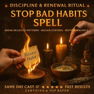 Könnte beinhalten: Ein Bild, das einen "Stop Bad Habits Spell" bewirbt, mit dem Text "Disziplin & Erneuerungsritual". Ein brennendes Papier mit "Release Habit" wird über einer Schale gehalten. Weitere Elemente sind Kerzen, eine kleine Flasche mit der Aufschrift "Control Oil" und der Text "Same Day Cast" und "Fast Results".