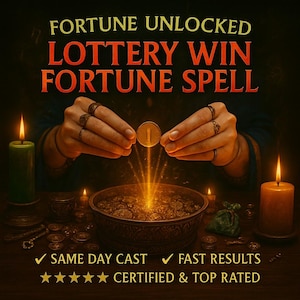 Puede incluir: Imagen con el texto "FORTUNE UNLOCKED LOTTERY WIN FORTUNE SPELL". Una moneda se sostiene sobre un cuenco de monedas, con rayos de luz que emanan de la moneda. Dos velas encendidas flanquean la escena. También está presente el texto "SAME DAY CAST", "FAST RESULTS" y "CERTIFIED & TOP RATED".