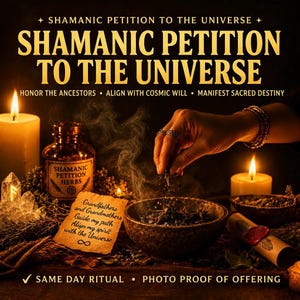 May include: A Shamanic Petition to the Universe ritual set featuring a glass jar labeled Shamanic Petition Herbs, a bowl with smoking herbs, two lit candles, a crystal, and a parchment note with the text Grandfathers and Grandmothers Guide my path.