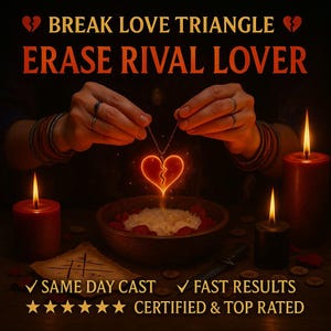 Op de afbeelding: Afbeelding met de tekst "BREAK LOVE TRIANGLE ERASE RIVAL LOVER". Een gloeiende, gebroken hart hanger wordt tussen twee handen gehouden. Brandende kaarsen en een kom met witte substantie zijn ook zichtbaar. De tekst "SAME DAY CAST", "FAST RESULTS" en "CERTIFIED & TOP RATED" is ook aanwezig.